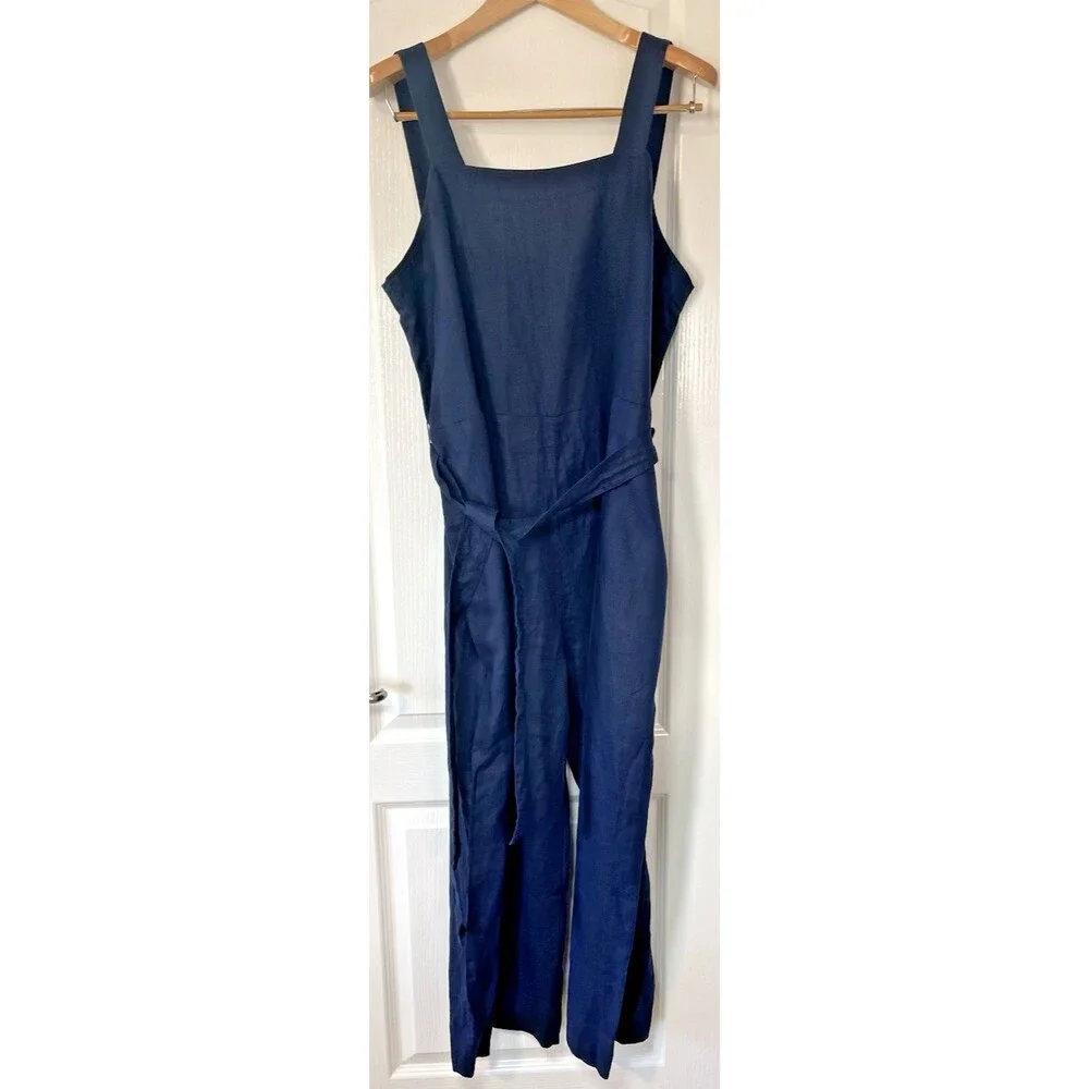 Quince NWT womens navy Euro 100% linen wide leg jumpsuit XL summer vacation